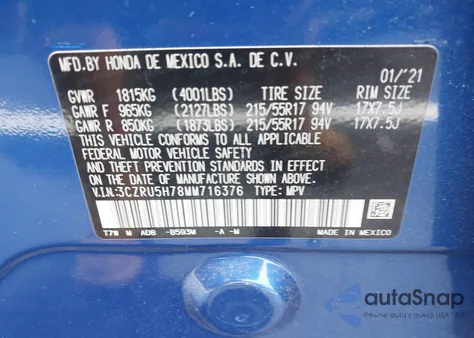 2021 Honda Hr-V 2Wd Ex-L from USA, damaged, VIN 3CZRU5H78MM716376